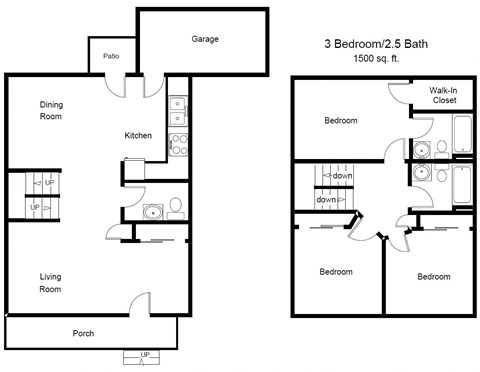 Floor plan for 3 beds, 2 baths, 1500 sqft
